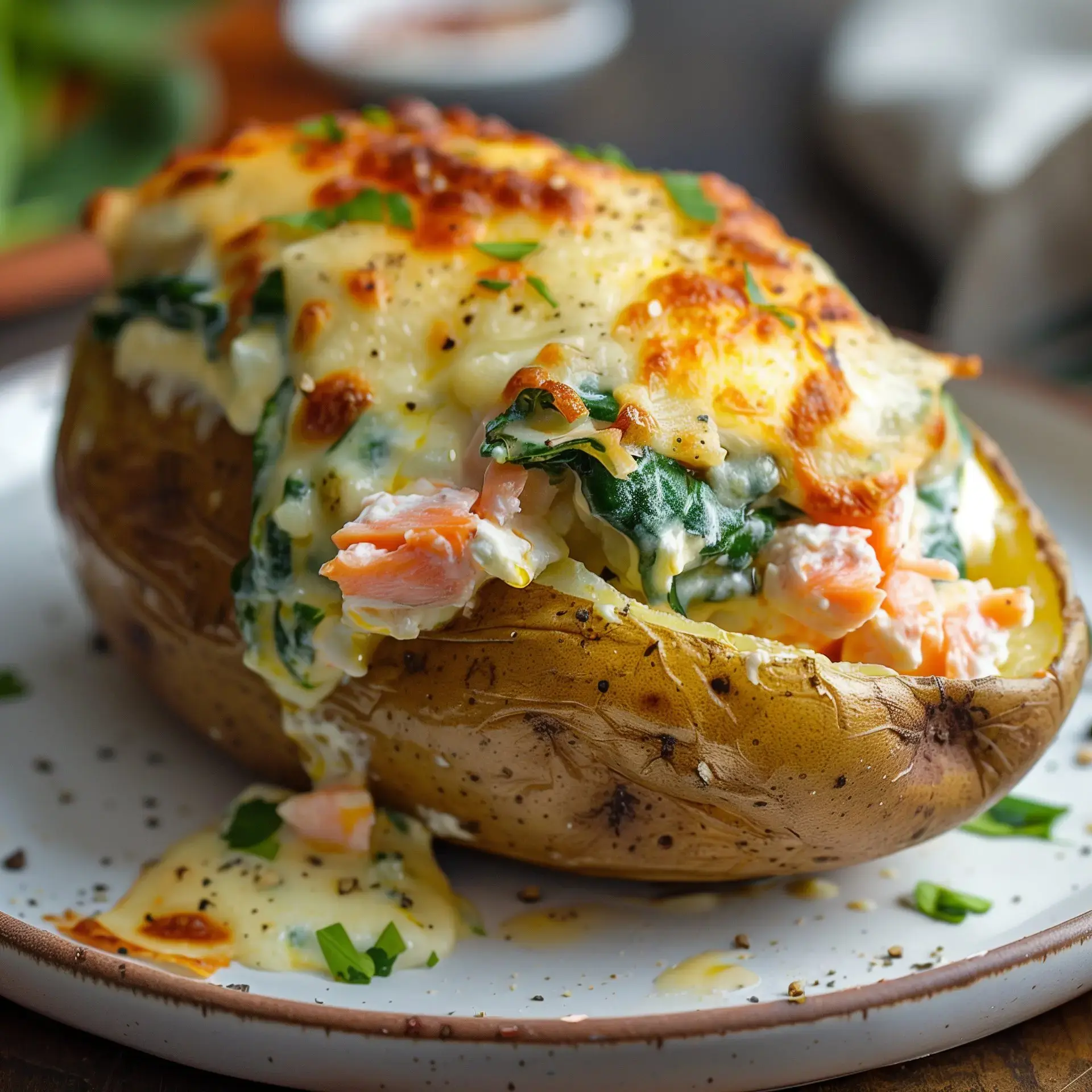 Eine gebackene Kartoffel, gefüllt mit Lachs und Spinat, überbacken mit geschmolzenem Käse, auf einem Teller serviert.