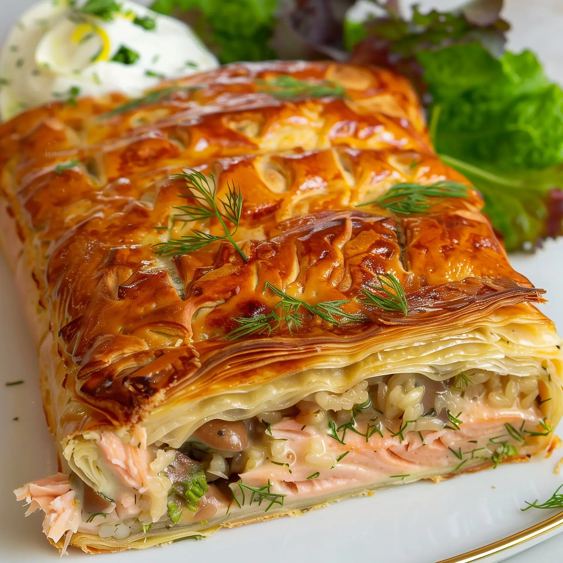 Goldene Teigtorte gefüllt mit Lachs, Reis und Kräutern, serviert mit Salat und einem Klecks Crème.