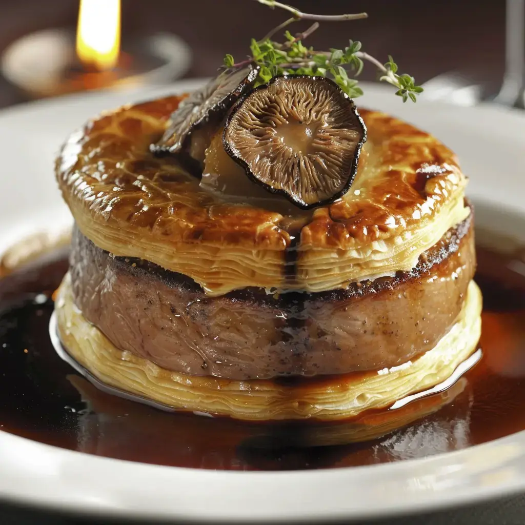 Ein edles Gericht mit Blätterteig, Fleisch und Pilzen, elegant mit einer Soße präsentiert.