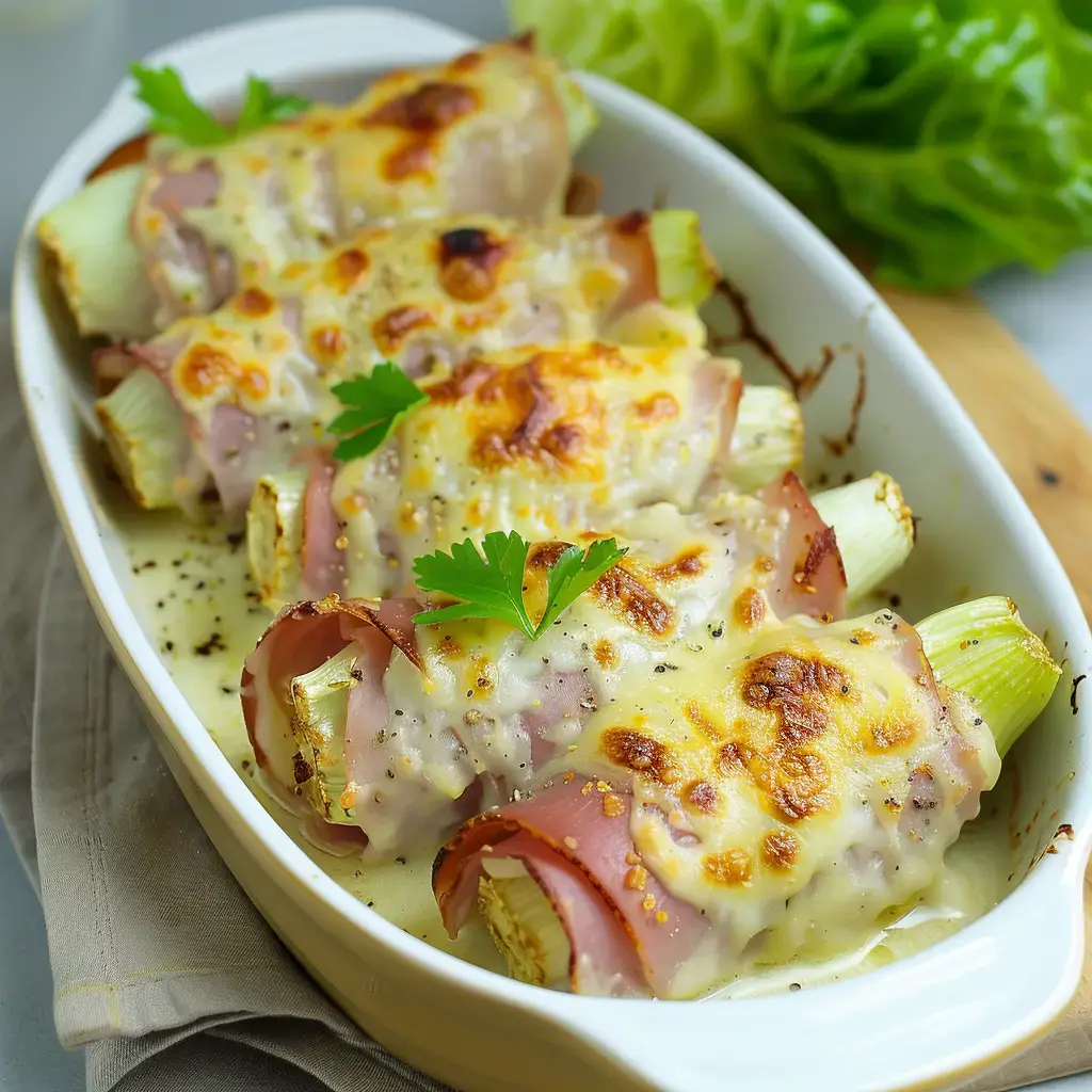 Gebackene Endivien in Schinken gehüllt und mit geschmolzenem Käse überbacken, garniert mit Petersilienblättern, serviert in einer weißen Form.