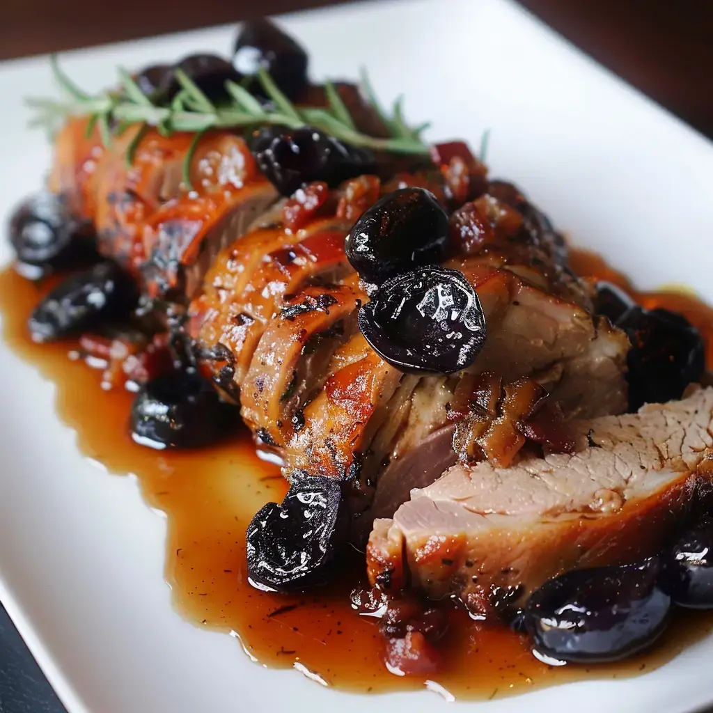 Ein leckerer Braten mit dunklen Früchten und Sauce, garniert mit frischen Rosmarinzweigen.