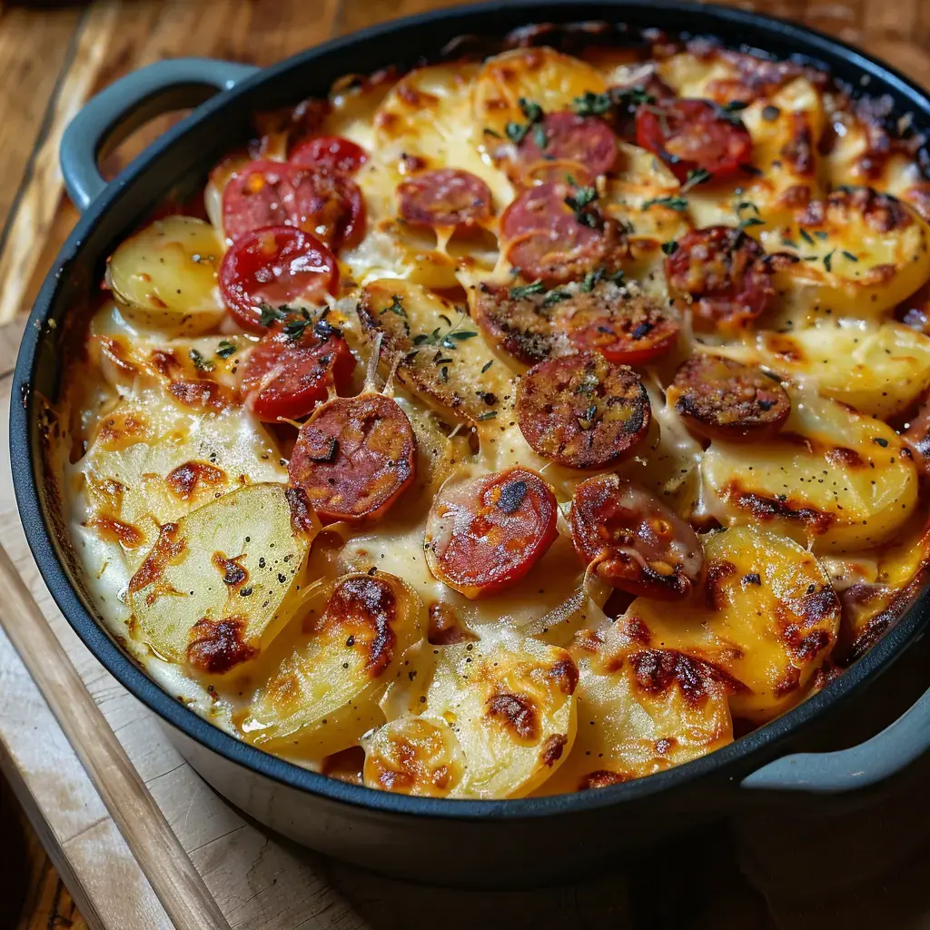 Ein knuspriges Kartoffelgratin mit Chorizo und Käse, gebacken in einer gusseisernen Ofenform, appetitlich angerichtet.