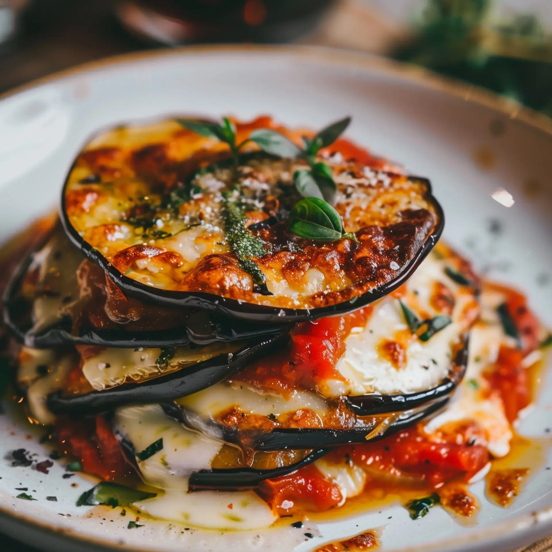 Ein Auflauf mit Auberginenschichten, Tomatensoße und geschmolzenem Käse. Mit frischem Basilikum garniert.