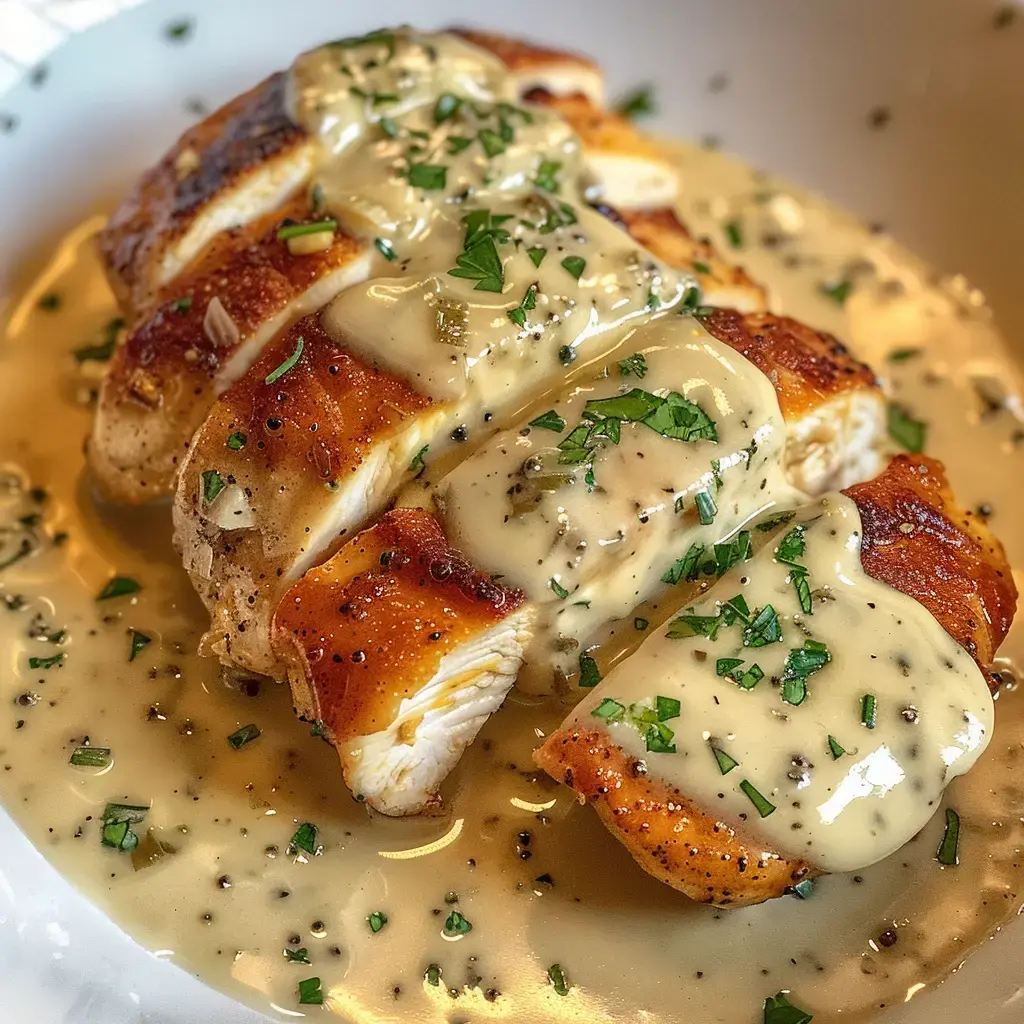 Geschnittenes, gegrilltes Poulet mit cremiger Soße, garniert mit frischer Petersilie.