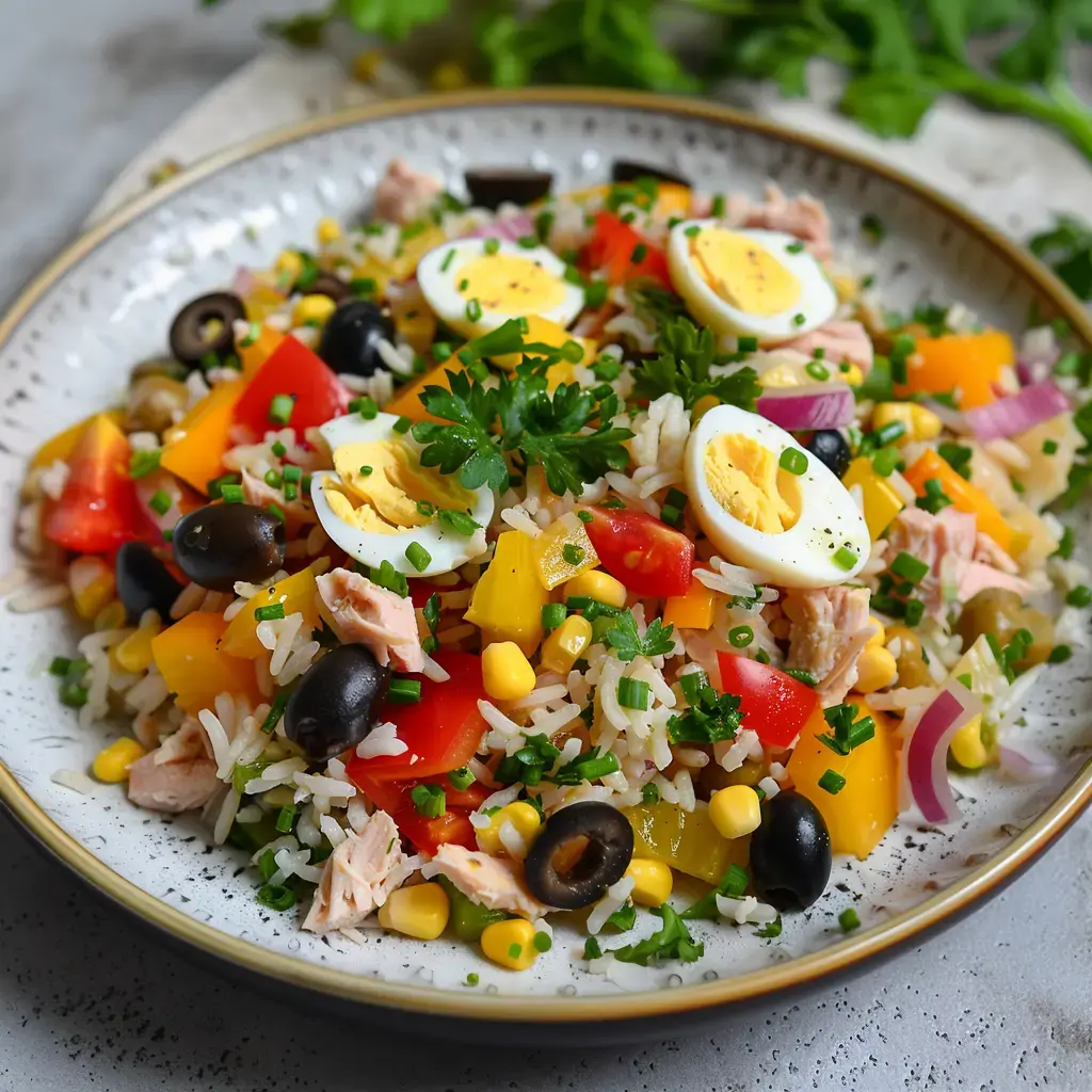 Bunter Reissalat mit Thunfisch, Eiern, Tomaten, Paprika, Zwiebeln, Mais und schwarzen Oliven, dekoriert mit Schnittlauch und Petersilie.
