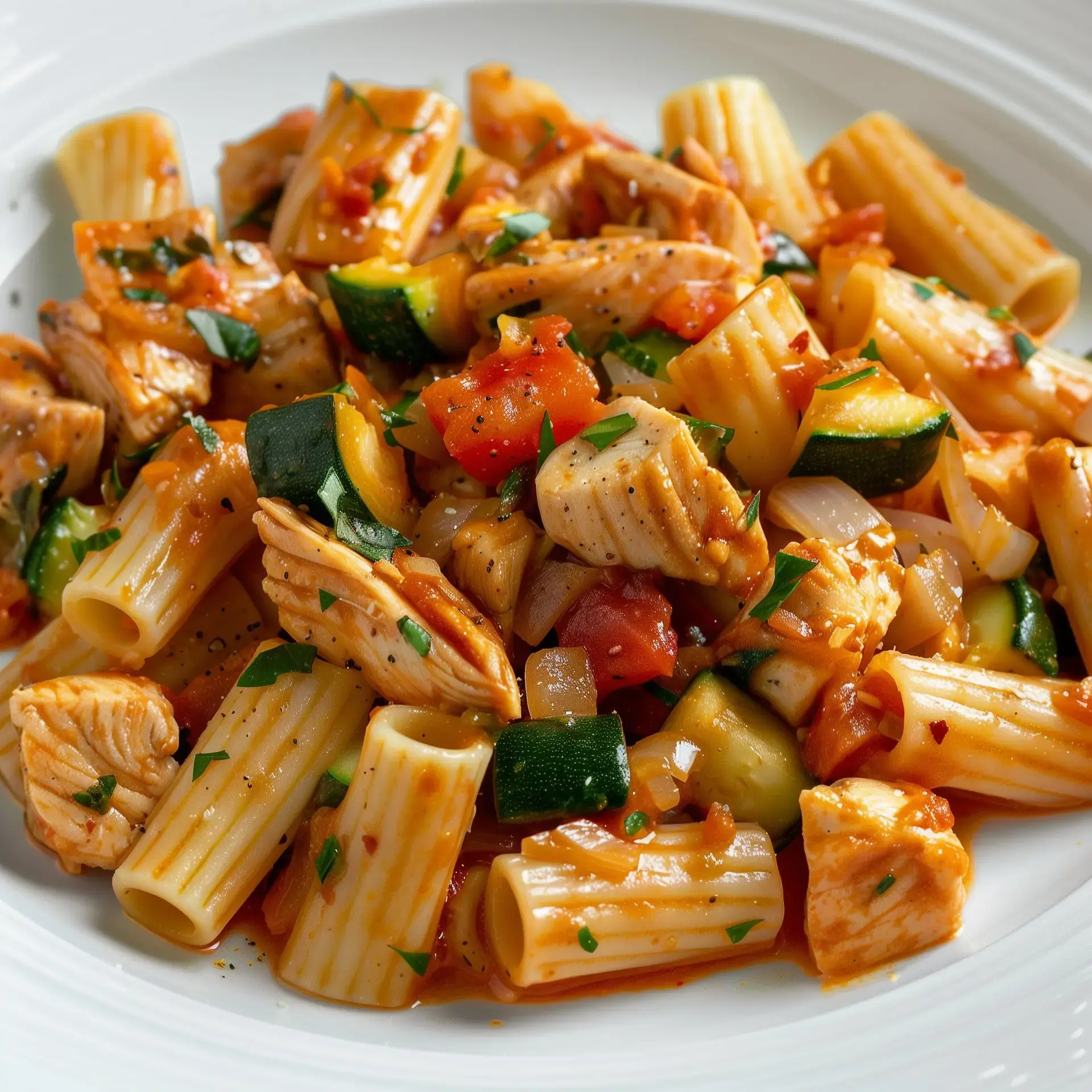 Ein Teller Pasta Rigatoni gemischt mit Hähnchenstücken, Zucchini und Tomaten in einer Tomatensoße, garniert mit Petersilie.