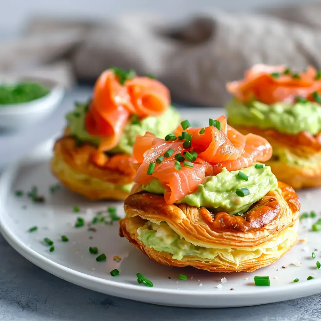 Kleine Brandteig-Häppchen, gefüllt mit Avocadocreme und Räucherlachs, garniert mit Schnittlauch auf einem weißen Teller.