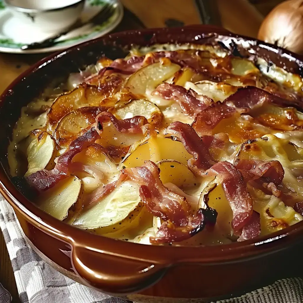 Ein Kartoffelgratin mit goldbraunem Speck, serviert in einer Keramikform.