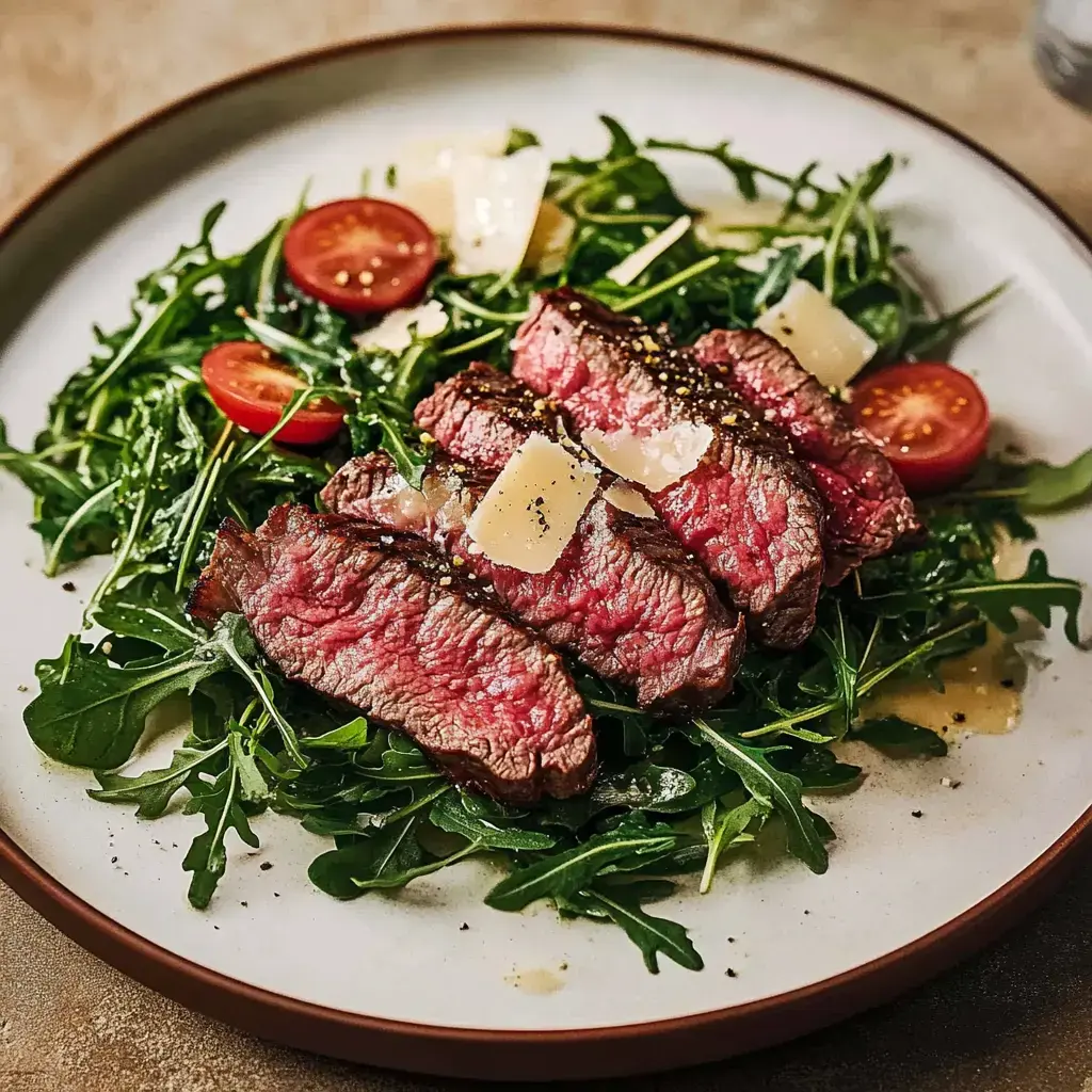 Ein Teller mit Roquette und saftigem Fleisch, garniert mit Kirschtomaten und Parmesanflocken.