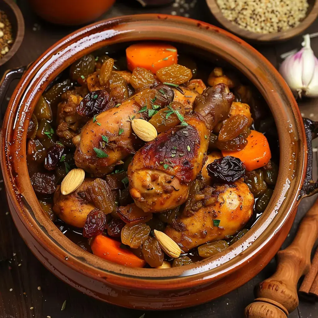 Ein Teller mit Hühnchen, Aprikosen, Rosinen und Mandeln, serviert in einem traditionellen Tontopf.