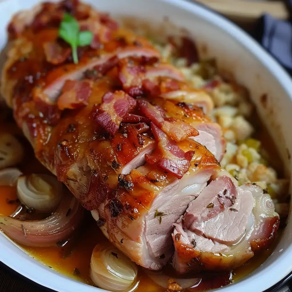 Ein saftiger Fleischbraten mit knusprigem Speck, serviert mit karamellisierten Zwiebeln und Gemüse auf einem Teller.
