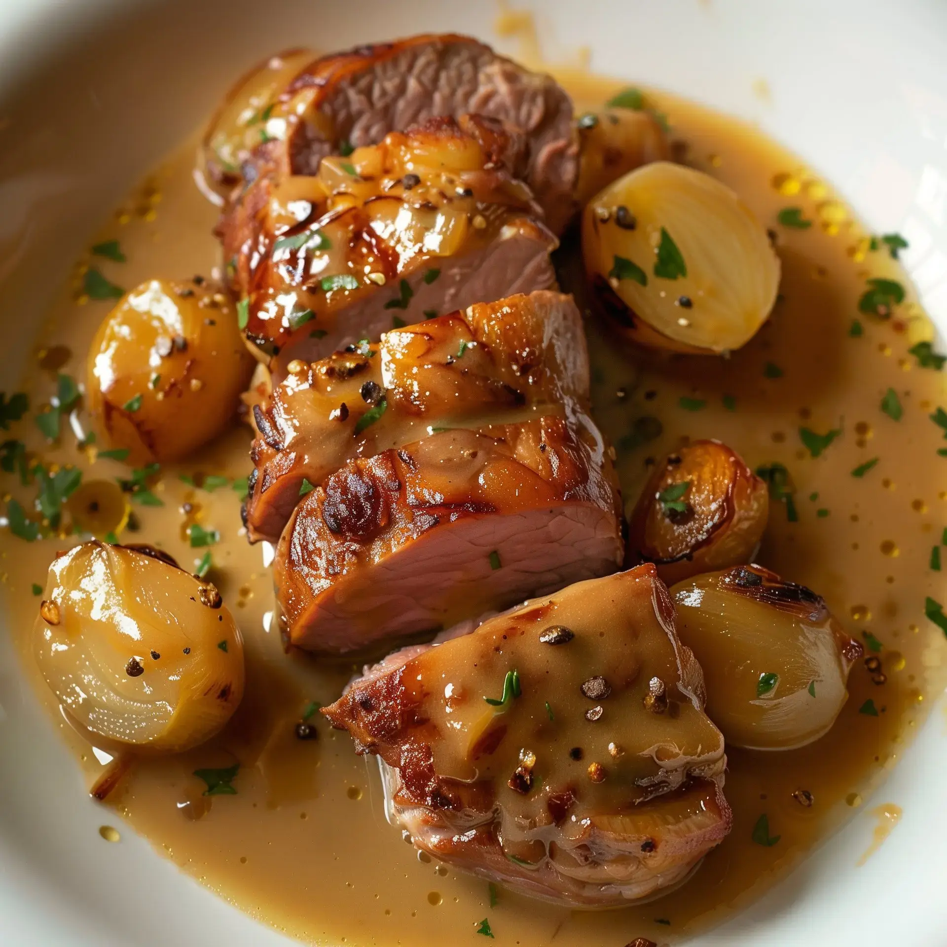 Ein geschmortes Fleischgericht mit karamellisierten Zwiebeln und cremiger Sauce.