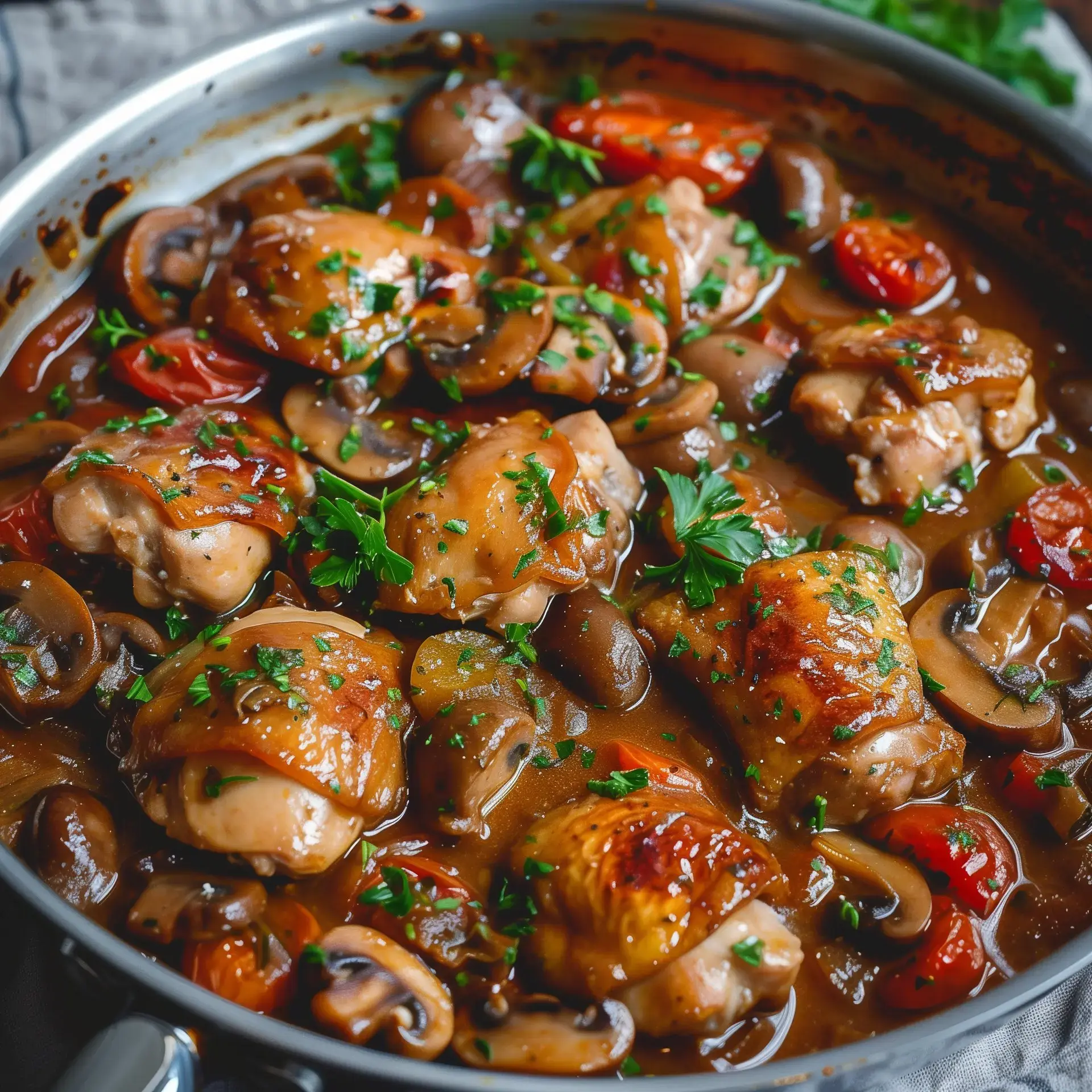 Ein köstliches Gericht mit Hähnchenschenkeln, Pilzen, Tomaten und Kräutern in einer dunklen Soße.