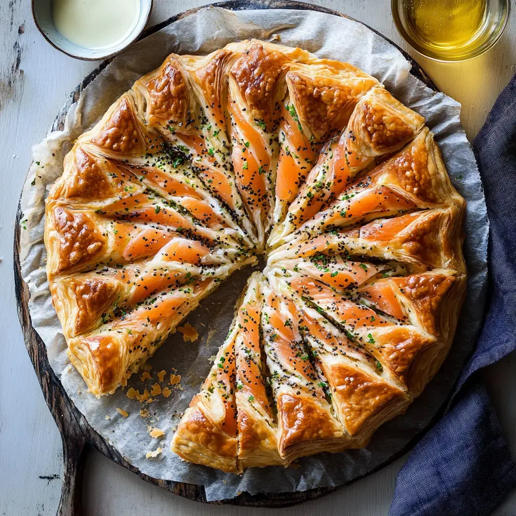Blätterteigtarte mit geräuchertem Lachs und schwarzen Kernen, in Stücken auf einem Holzbrett angerichtet.