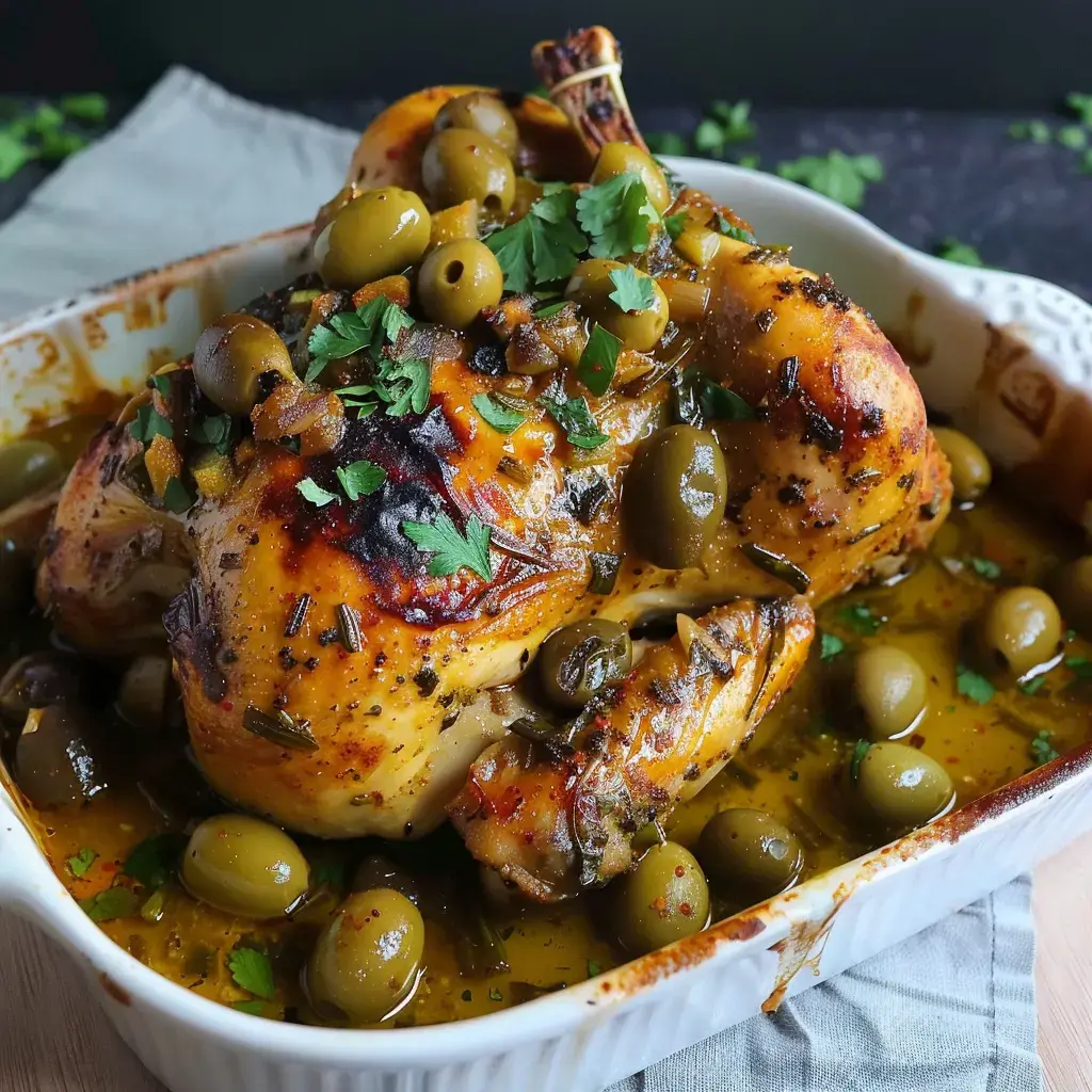 Gebratenes Huhn mit grünen Oliven und Koriander, angerichtet auf einer Platte.