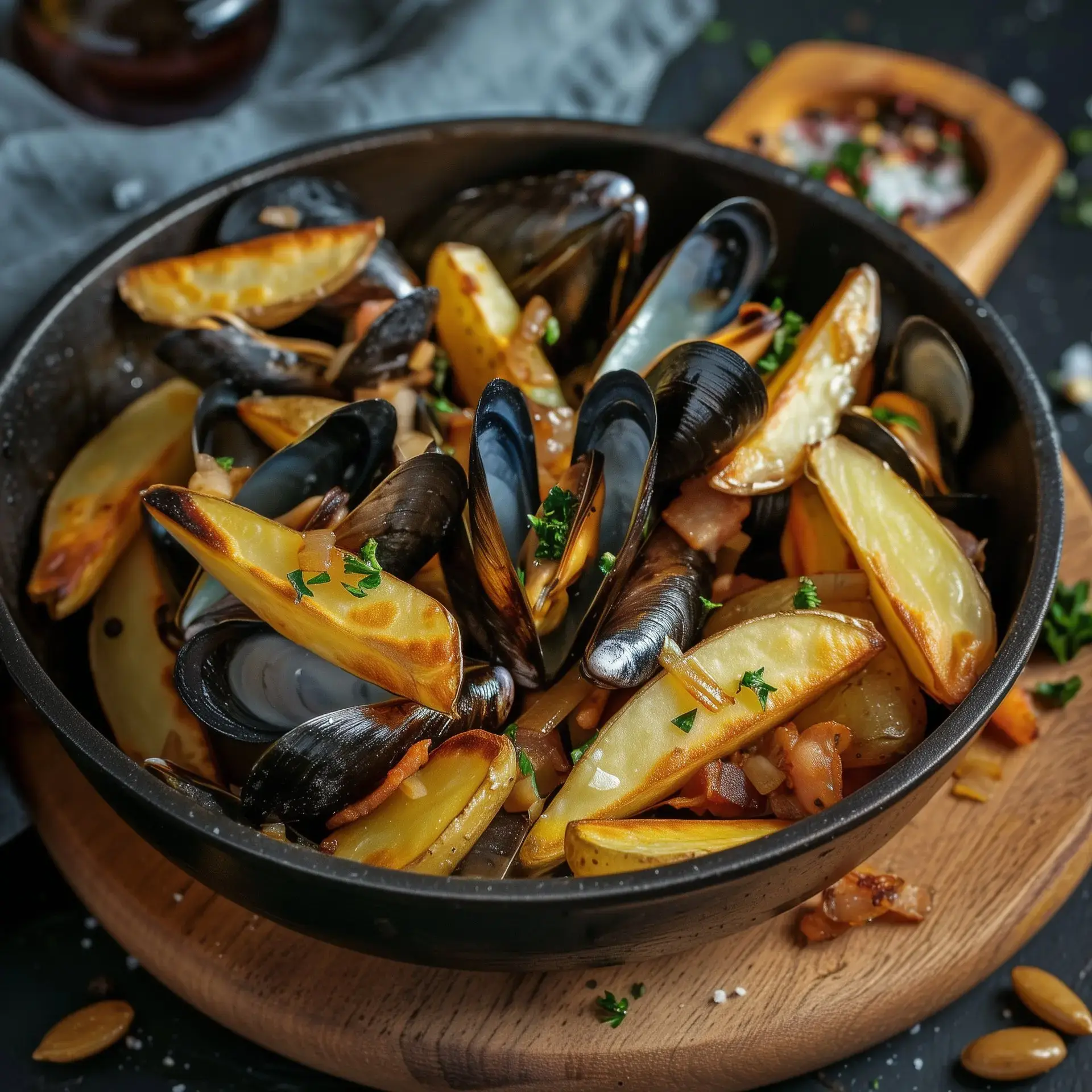 Ein köstlicher Teller mit Moules und Kartoffeln, garniert mit frischer Petersilie, serviert in einer schwarzen Schale auf einem Holzbrett.