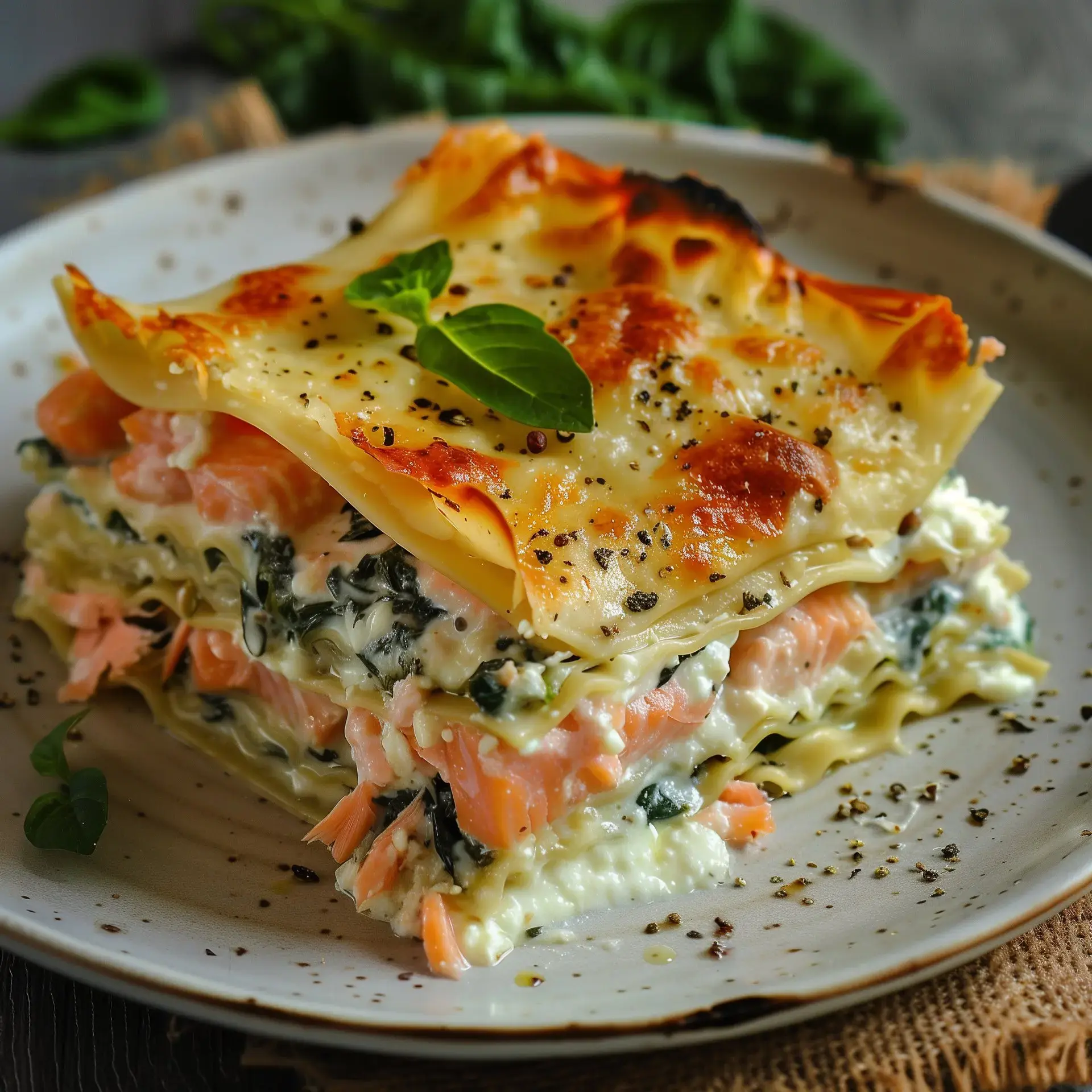 Lasagne mit Lachs und Spinat, cremigem Käse und einem Basilikumblatt dekoriert.