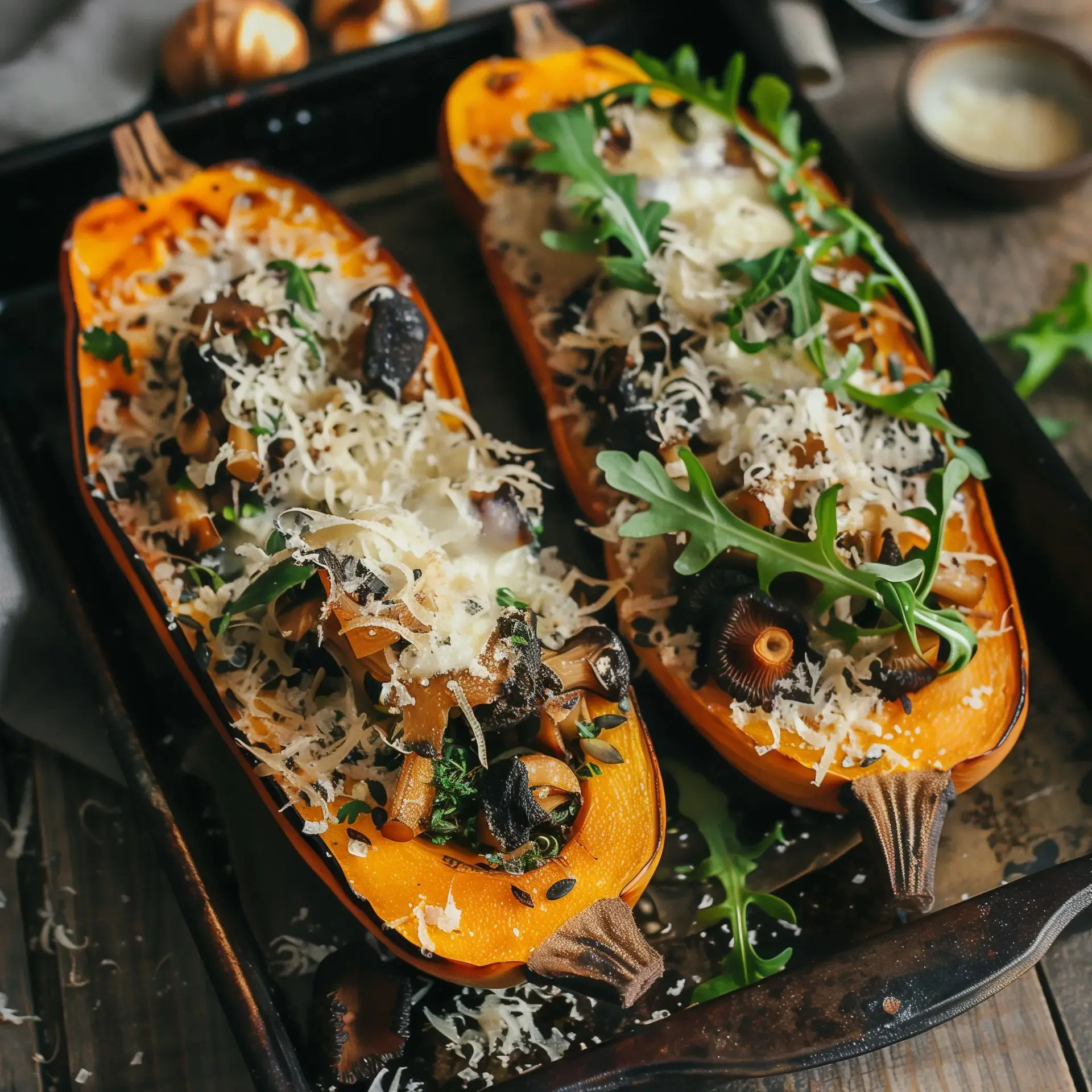 Zwei Hälften eines gefüllten Butternut Kürbis mit Pilzen, Kräutern und Käse in einer Ofenform serviert.