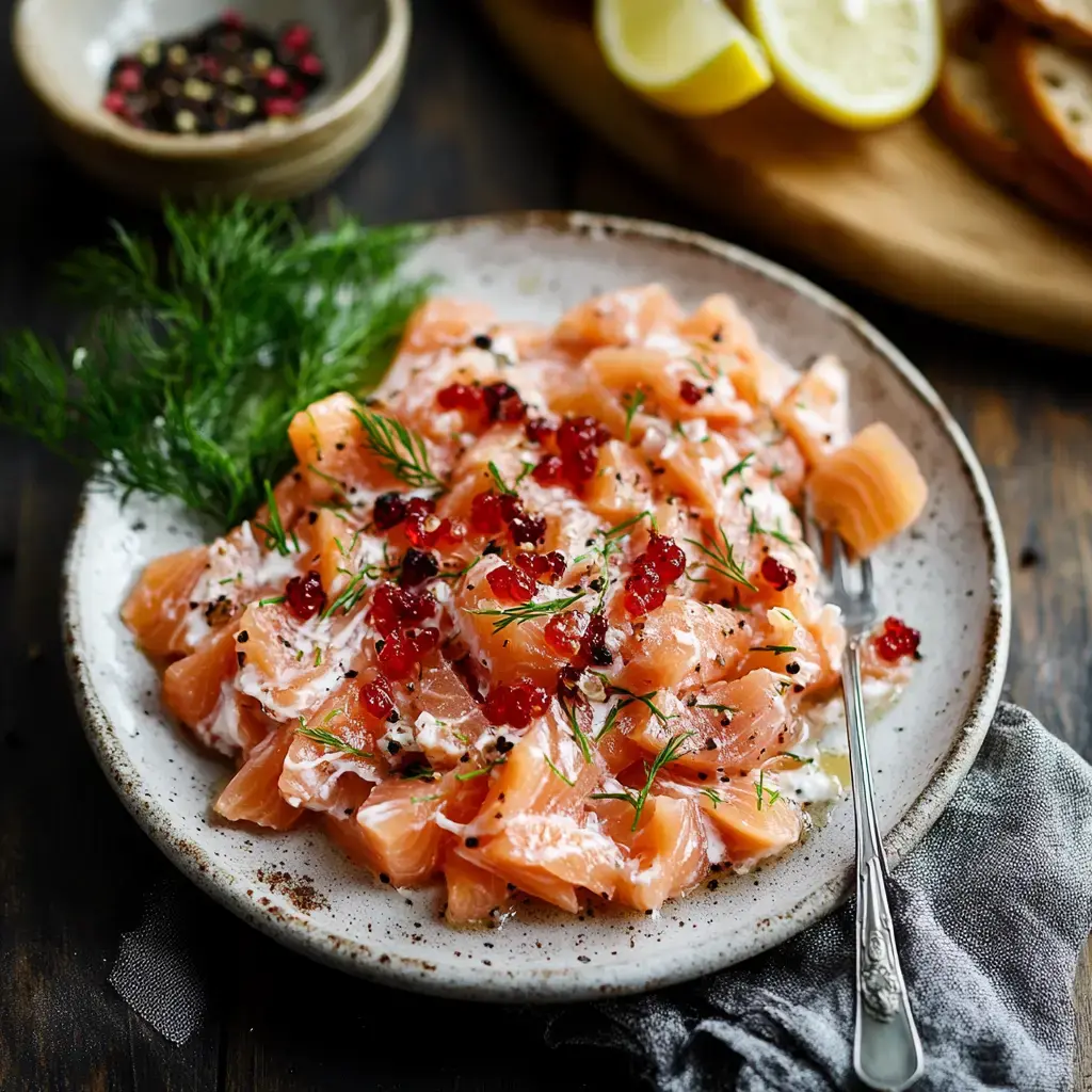 Rauchiger Lachs mit Kapern, frischer Sahne und Dill, serviert mit Zitronenstücken und Brot im Hintergrund.