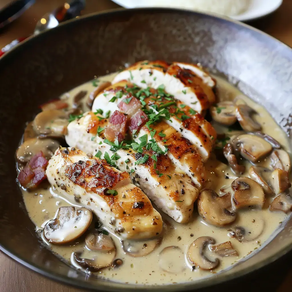 Ein angerichtetes Hähnchengericht mit cremiger Champignon-Sauce, Stückchen Speck und Petersilie als Garnitur.