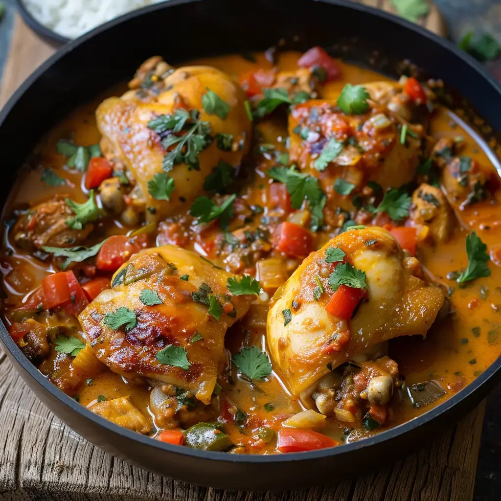 Hühnerschmortopf mit Gemüsen und frischen Kräutern. Serviert mit einer würzigen, cremigen Sauce.