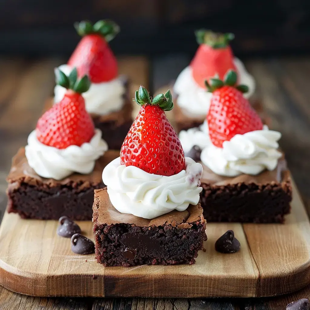 Kleine Schoko-Brownie-Würfel mit Sahne und frischen Erdbeeren, serviert auf einem Holzbrett.