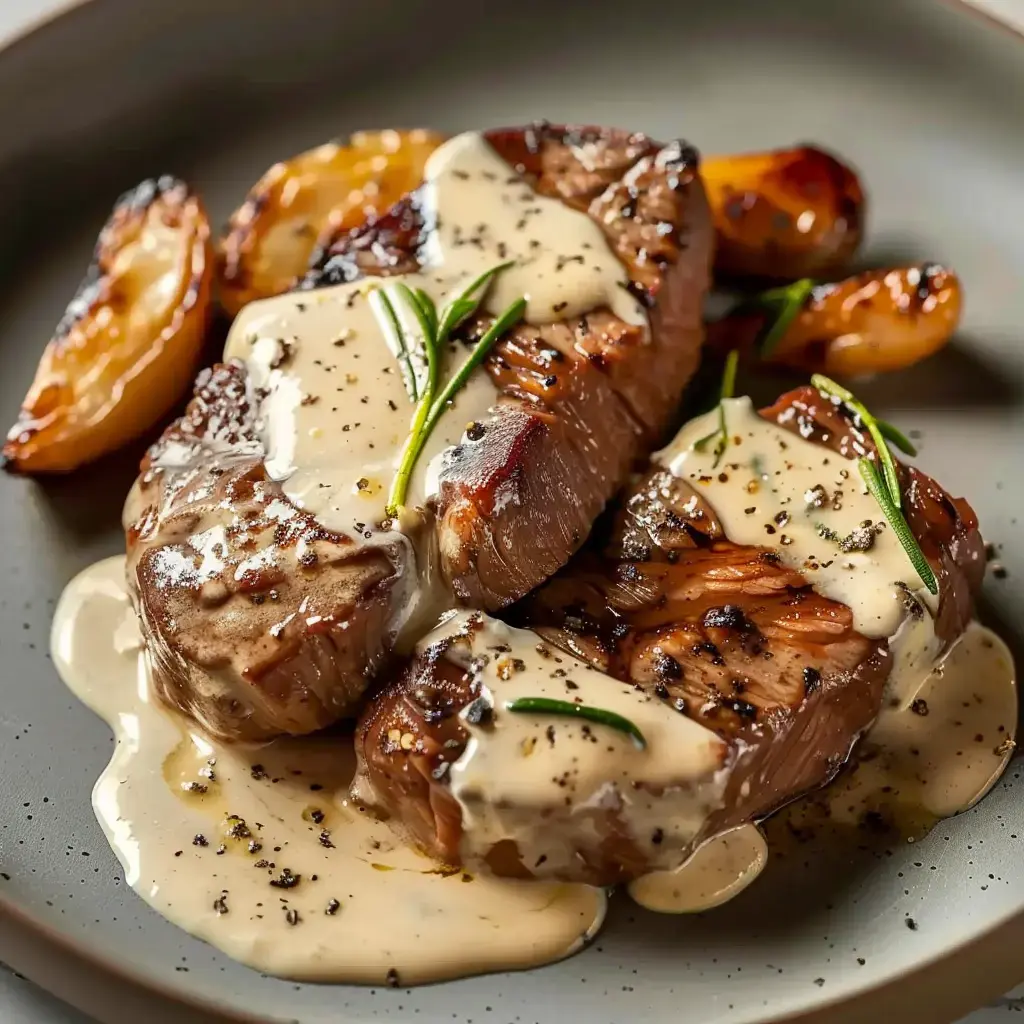 Zwei gegrillte Fleischstücke mit cremiger Sauce überzogen, dazu geröstete Zitronenspalten auf einem Teller.