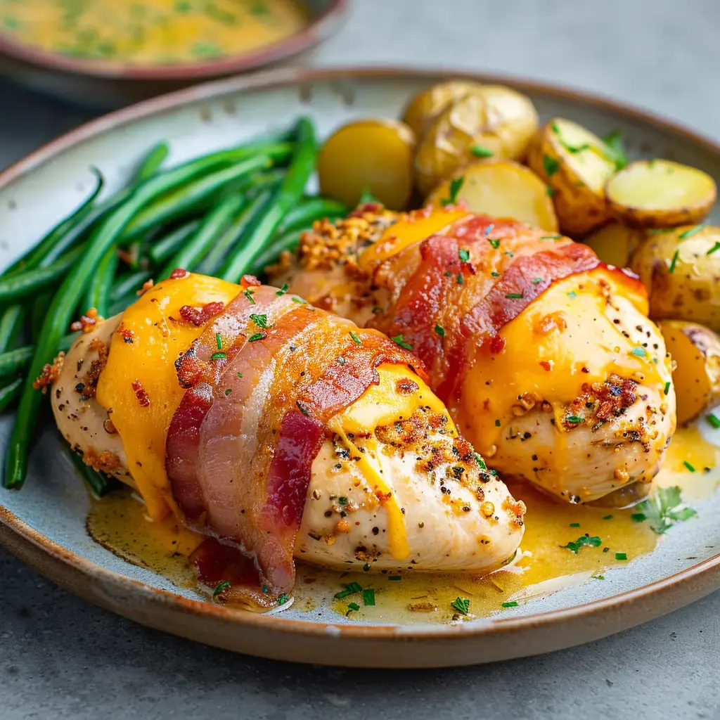 Zwei Hähnchenfilets mit Cheddar überzogen und von Speck umwickelt, serviert mit grünen Bohnen und Kartoffeln, präsentiert auf einem Teller.