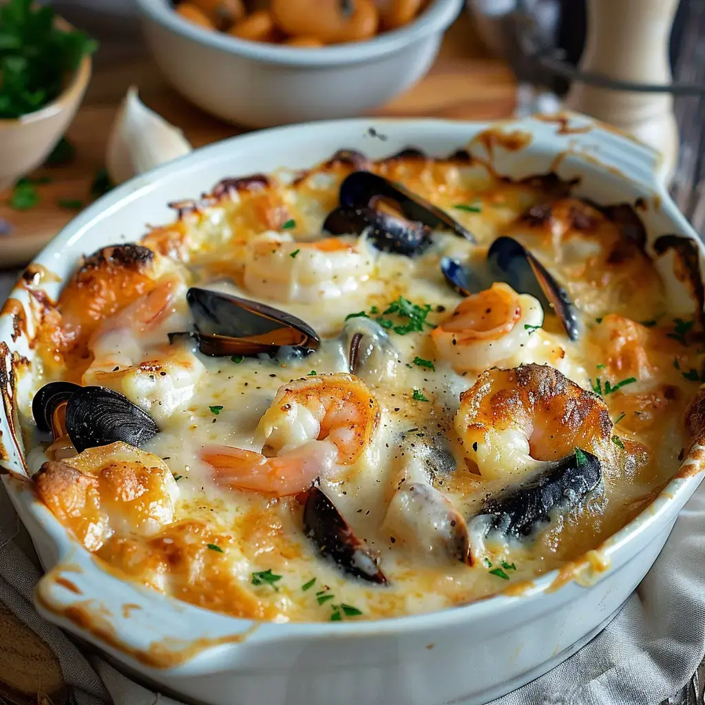 Ein Meeresfrüchte-Gratin mit Garnelen, Muscheln und Käse, garniert mit frischer Petersilie.