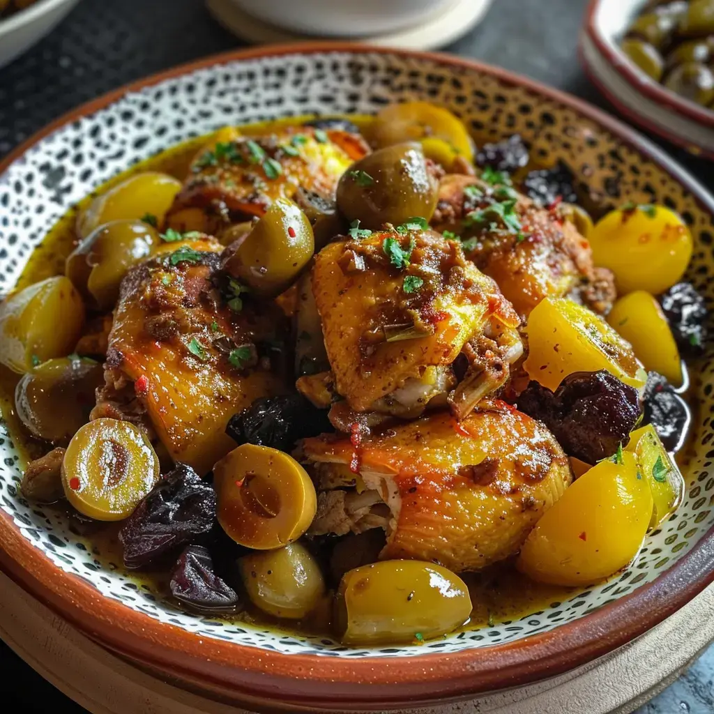Hähnchen mit Oliven und Trockenfrüchten in einer bunten Schale serviert.