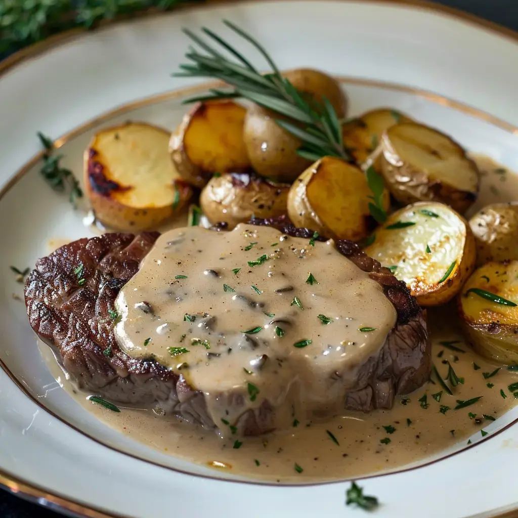 Elegantes Gericht: Steak mit Schalottensauce und Ofenkartoffeln.