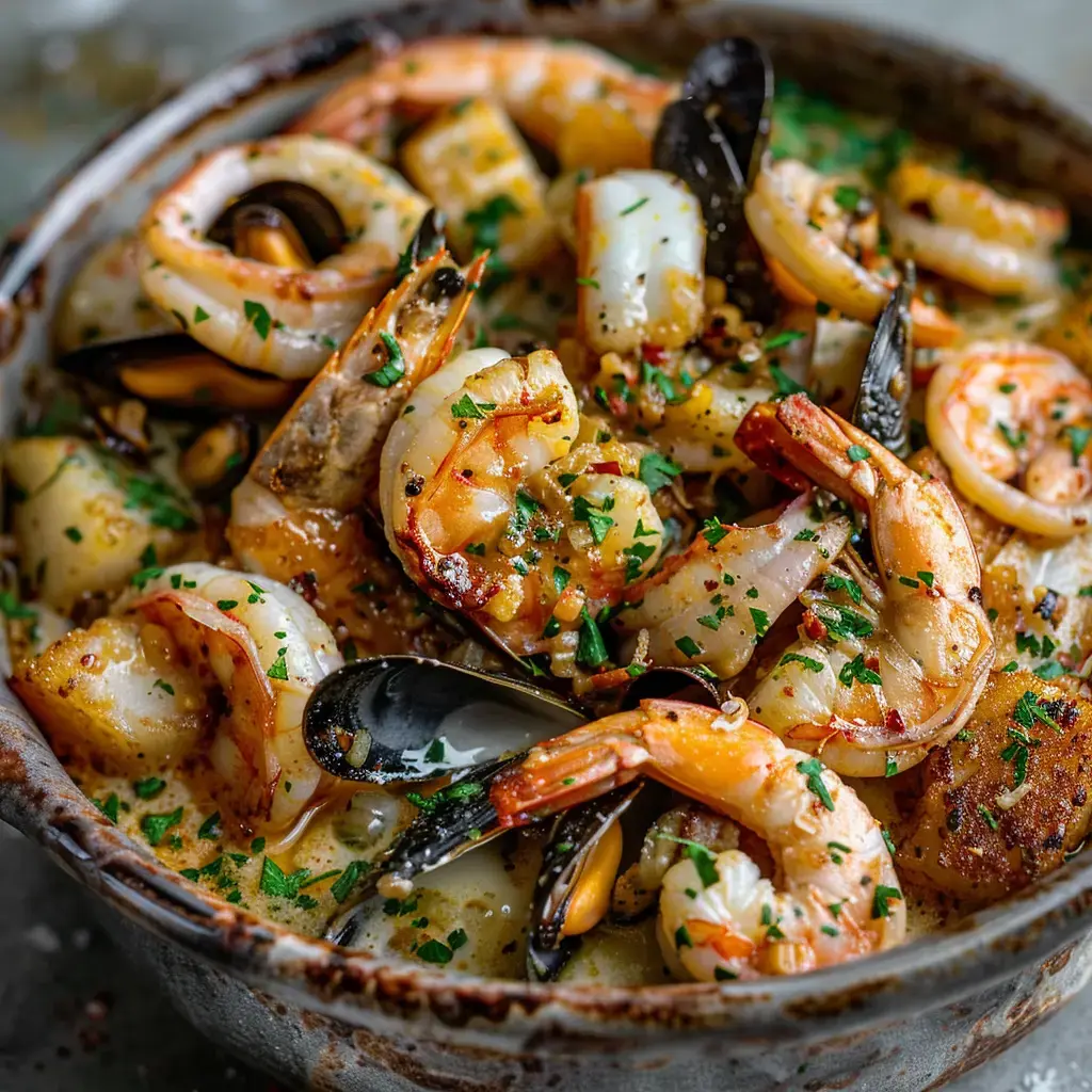 Eine herzhafte Meeresfrüchtepfanne mit Garnelen, Muscheln und Fischstücken, appetitlich gewürzt und mit Petersilie garniert.