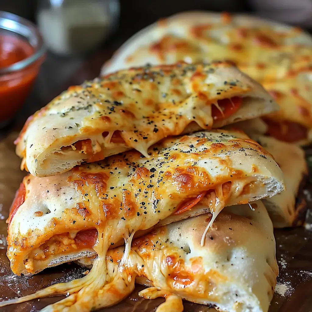 Frisch gebackene Calzones mit geschmolzenem Käse und Tomatensauce auf einem Holzbrett serviert.