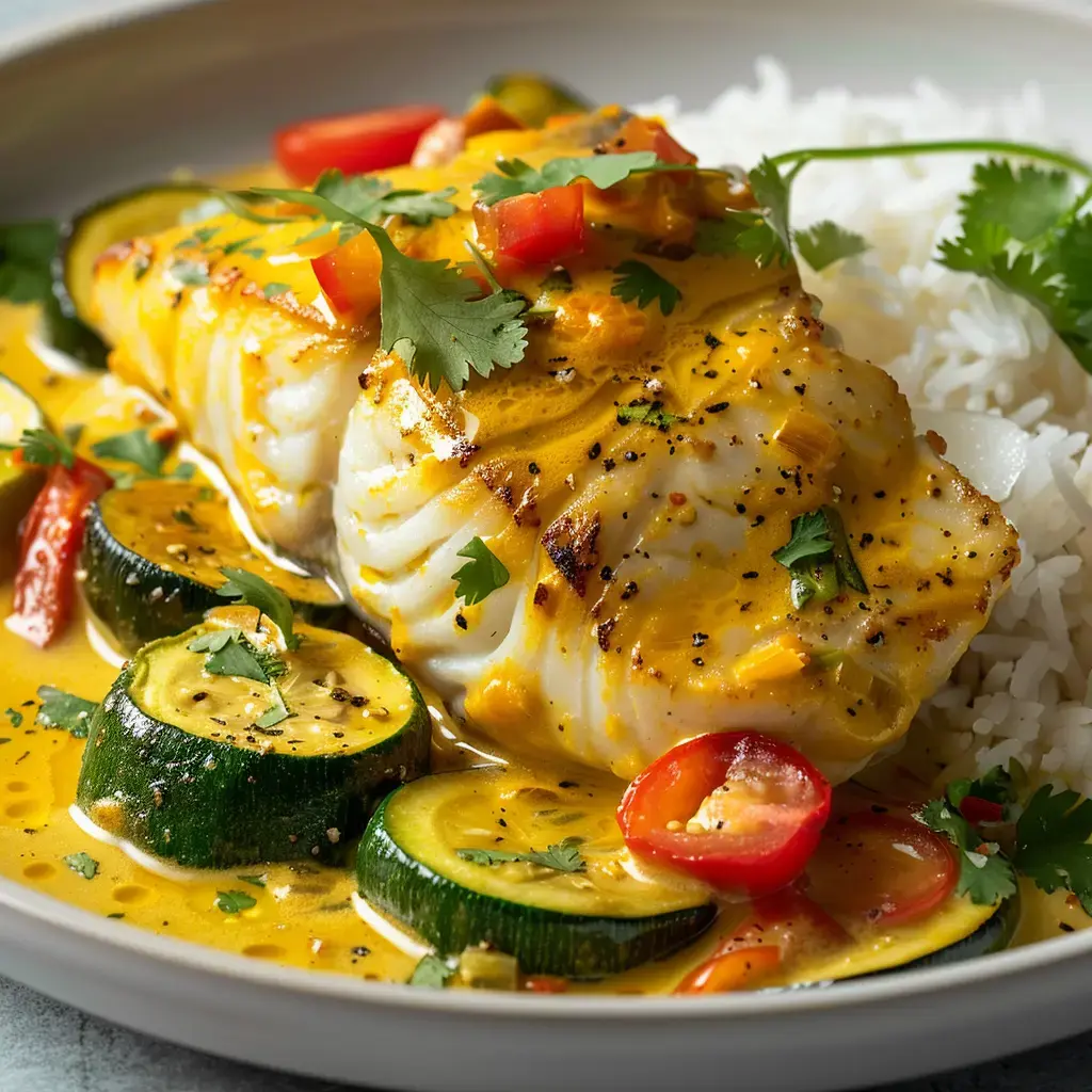 Ein Fischgericht mit Reis und Zucchini in einer farbenfrohen Sauce, garniert mit Tomaten und Koriander.