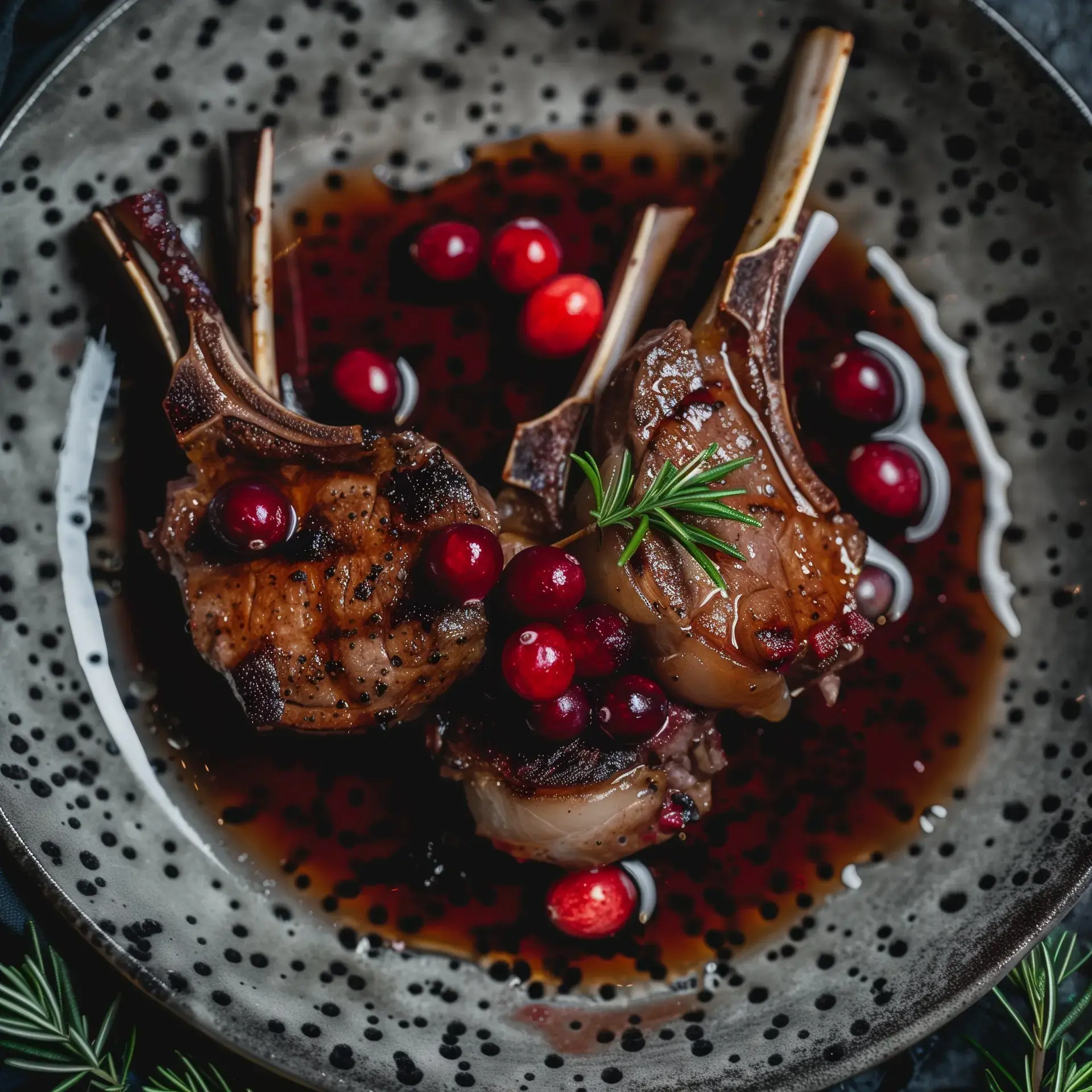 Gegrillte Lammkoteletts mit Cranberrys und dunkler Sauce auf dekorativem Teller serviert.