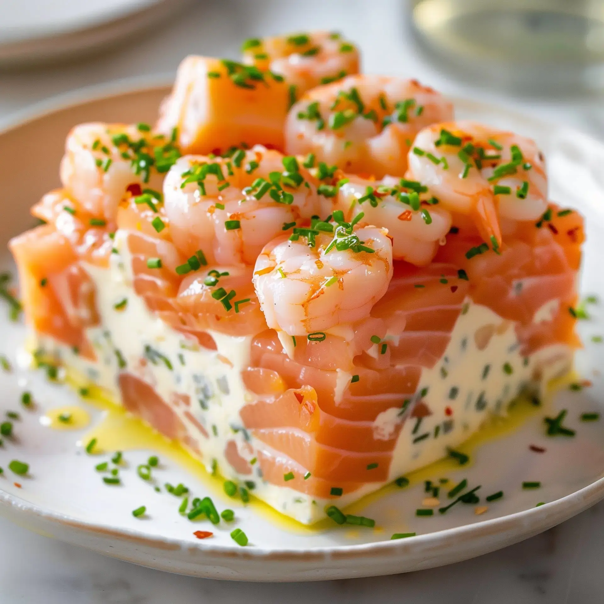 Ein Stück Lachs-Garnelen-Terrine garniert mit Schnittlauch auf einem Teller.