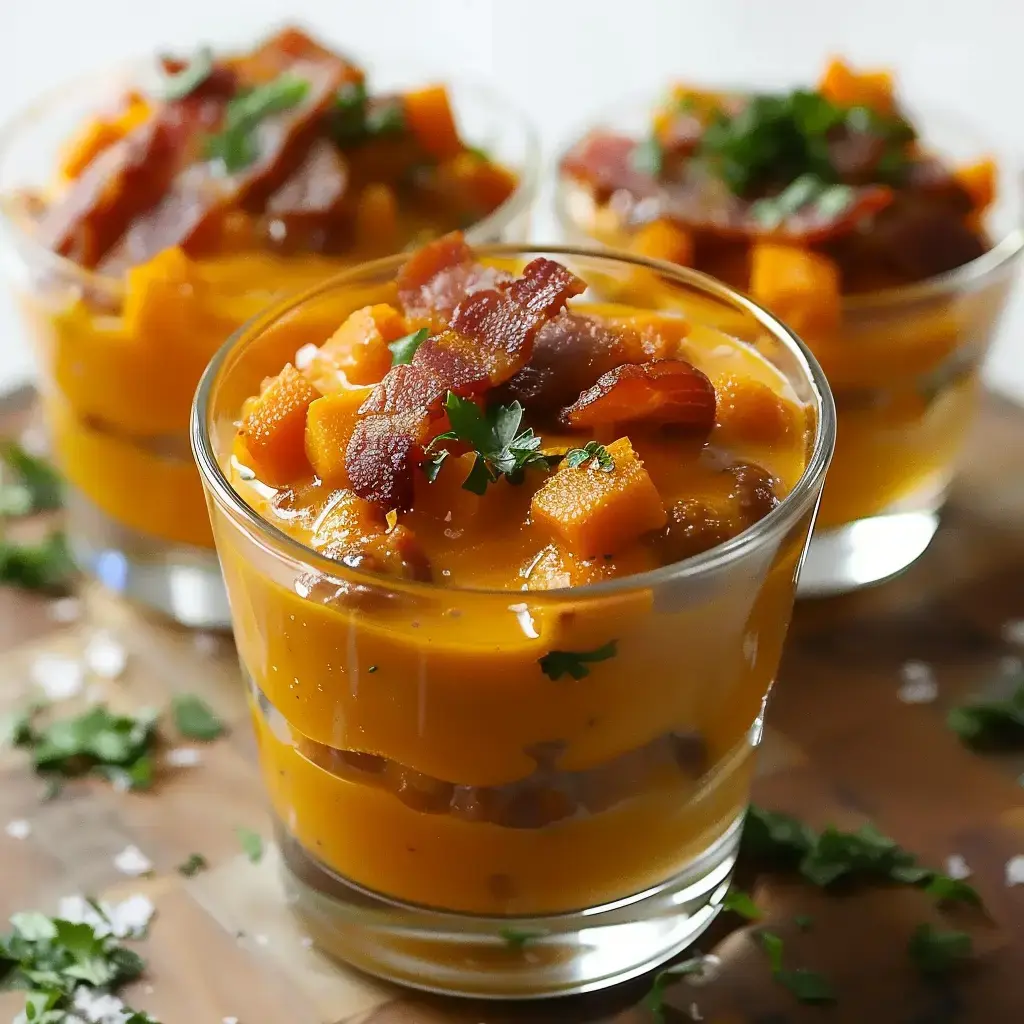 Vorspeise im Glas mit Butternut-Creme, Chorizo-Stücken und knusprigem Speck, garniert mit frischem Koriander.