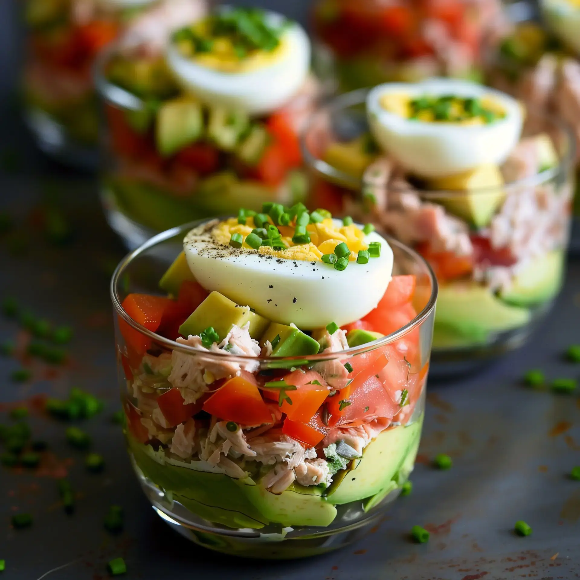 Bunt geschichtete Gläser gefüllt mit Tomaten, Avocado, Thunfisch und einem gekochten Ei, garniert mit Schnittlauch.