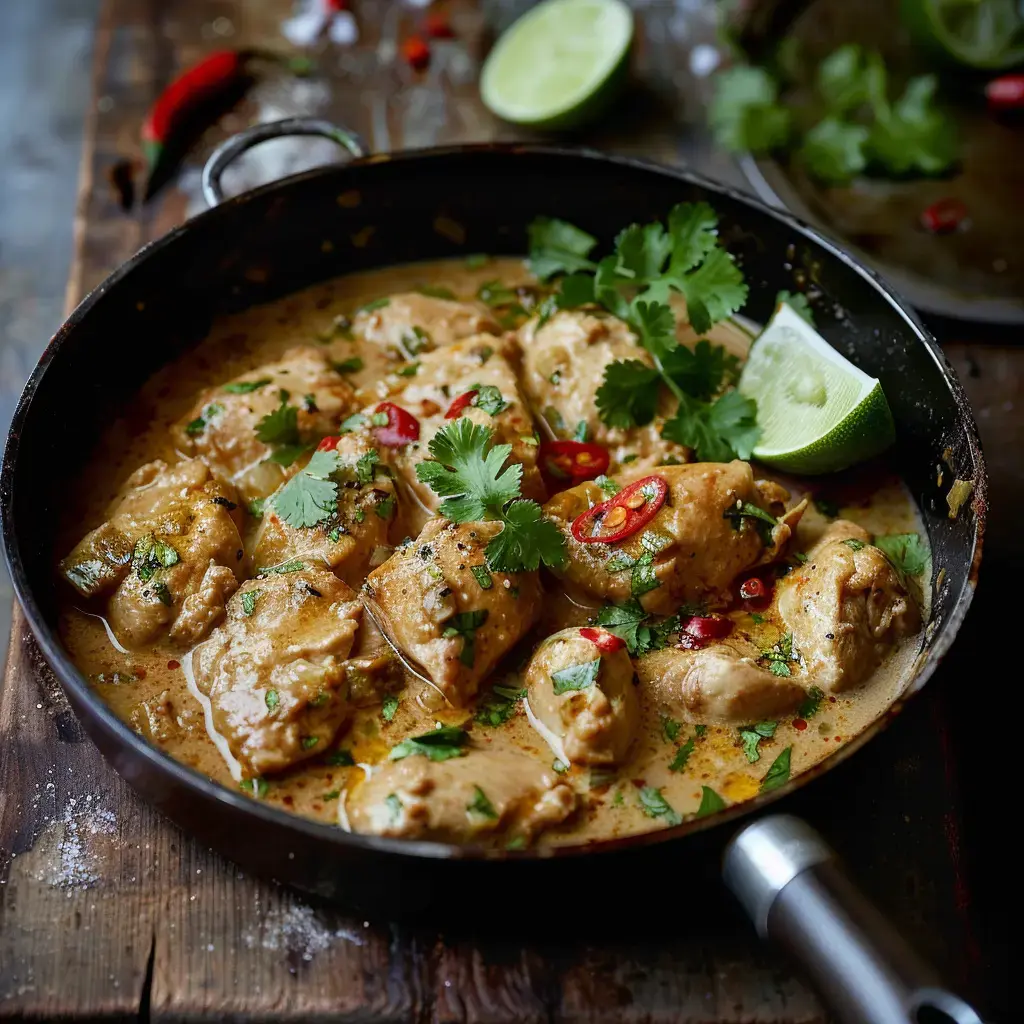 Ein cremiges Pouletgericht in Kokossauce, garniert mit Koriander, Chilischeiben und Limettenstücken, serviert in einer Metallpfanne.