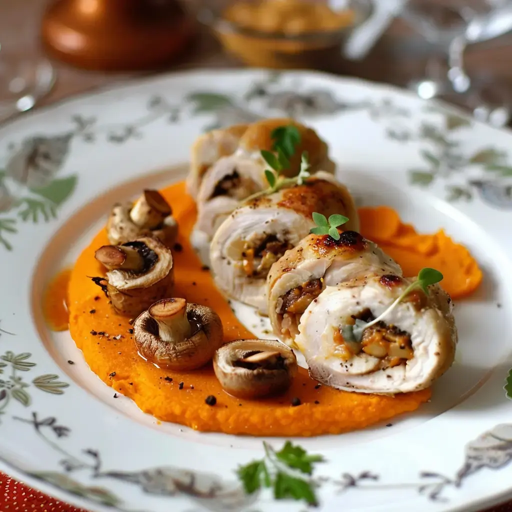 Elegante gefüllte Dinderöllchen mit Süßkartoffelpüree und gegrillten Champignons.