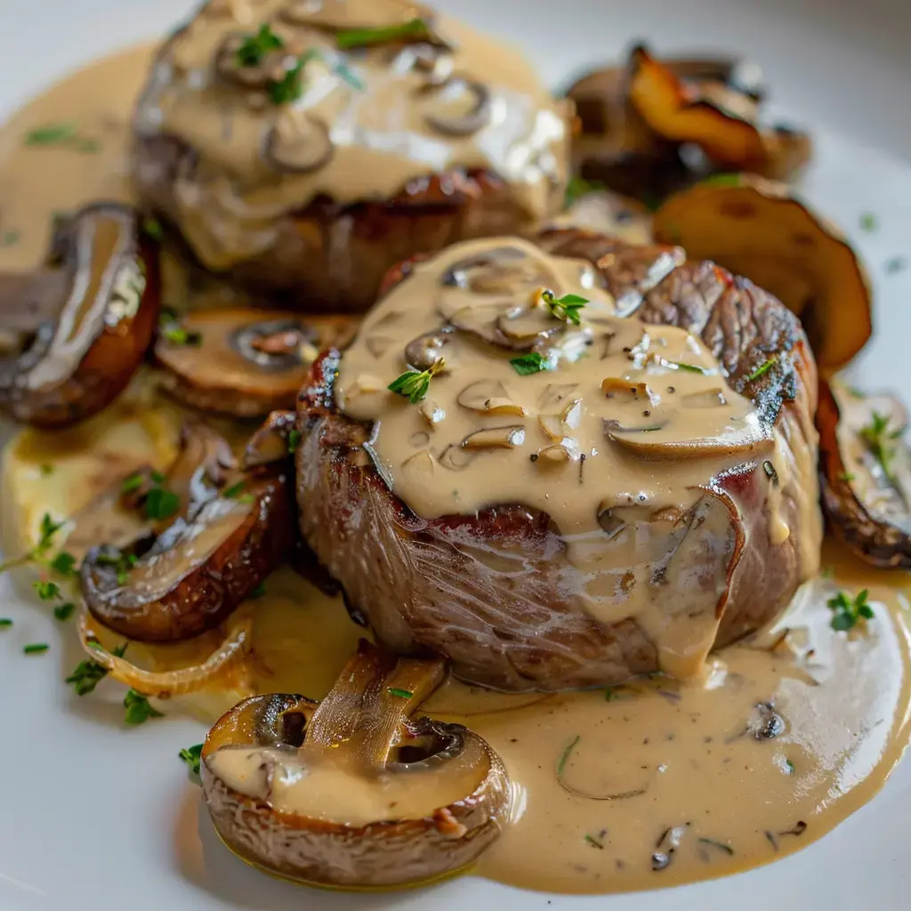Zwei gegrillte Fleischstücke mit cremiger Pilzsauce übergossen, garniert mit frischen Champignons und Kräutern.