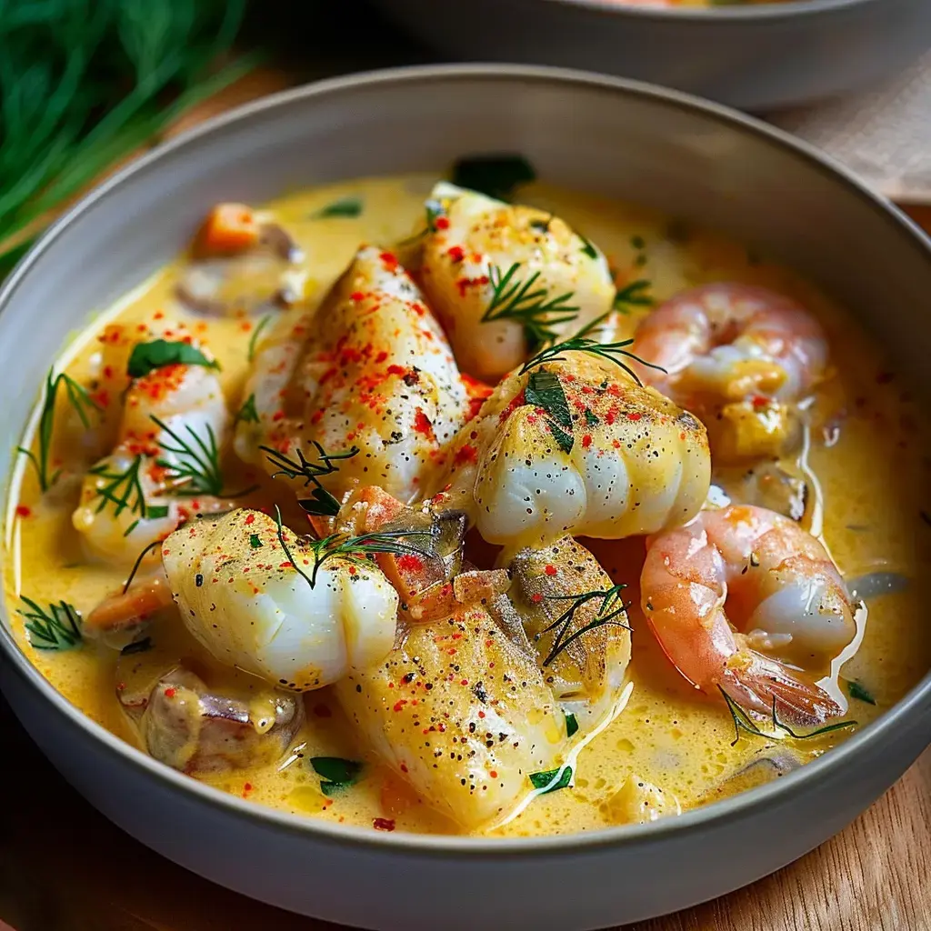 Ein Teller mit Garnelen und Fischstücken in einer cremigen Sauce, garniert mit frischen Kräutern und Gewürzen.