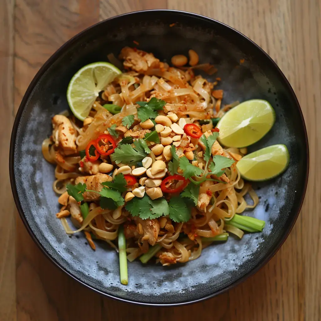 Ein Teller gebratene Nudeln mit Hähnchen, garniert mit Cashewkernen, Chili, Koriander und Limettenspalten.