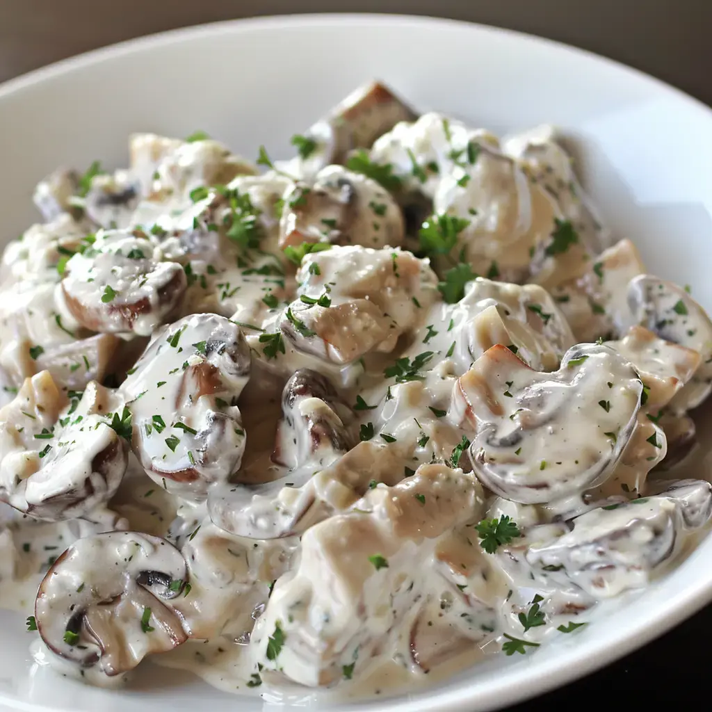 Eine Schüssel mit cremigen Pilzen, garniert mit frischer Petersilie.