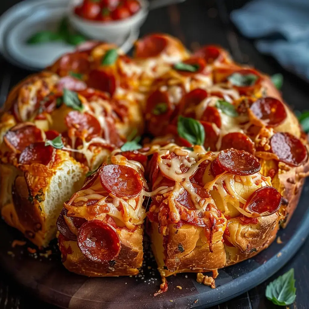 Gefülltes Knoblauchbrot mit Käse und Pepperoni, daneben eine kleine Schale mit Kirschtomaten.