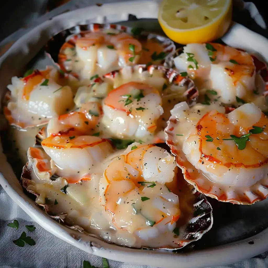 Gefüllte Coquilles Saint-Jacques mit Garnelen und Sauce, serviert mit einer Zitronenspalte.