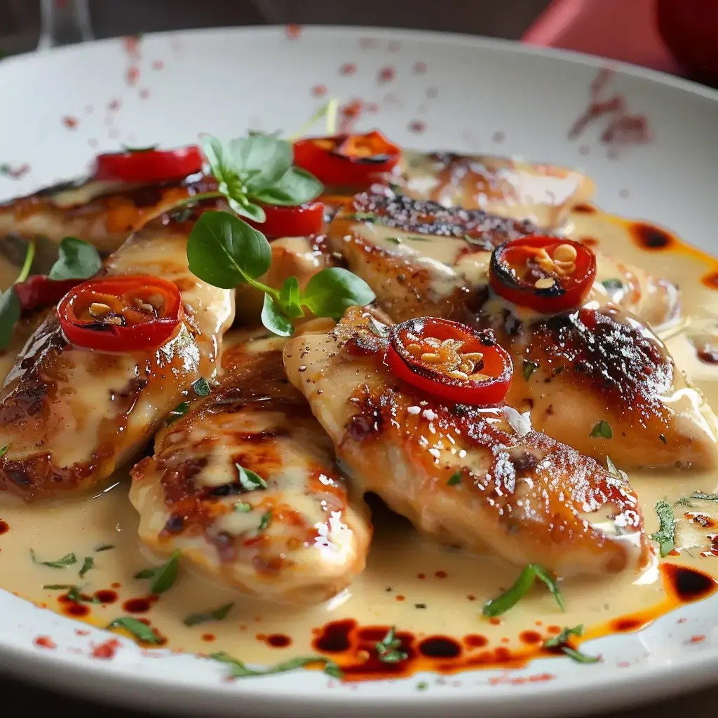 Gegrillte Hähnchenfilets mit cremiger Sauce, garniert mit Paprikascheiben und grünen Blättern.