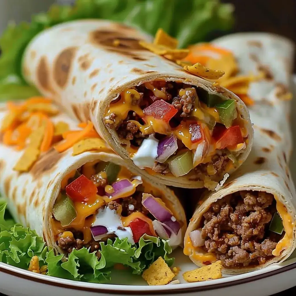 Mit Hackfleisch, Käse, frischen Gemüse gefüllte Wraps, auf Salatblättern angerichtet und mit Sauerrahm serviert.