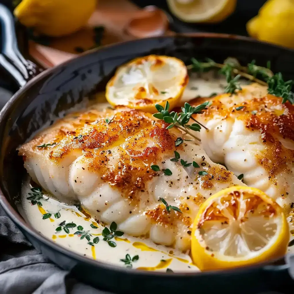 Gebackener Fisch mit Zitronenschalen und Thymian in einer cremigen Sauce.