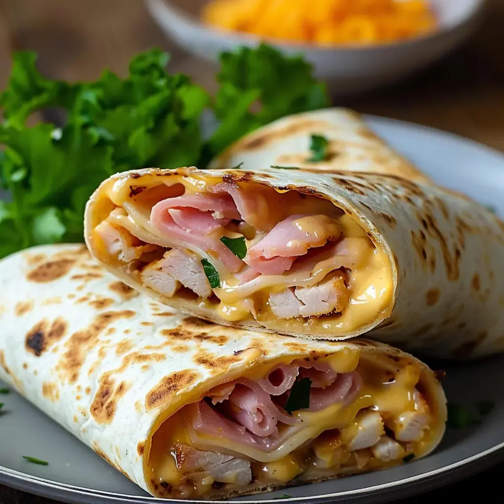 Wraps gefüllt mit Poulet, Schinken, geschmolzenem Käse und grünem Salat.